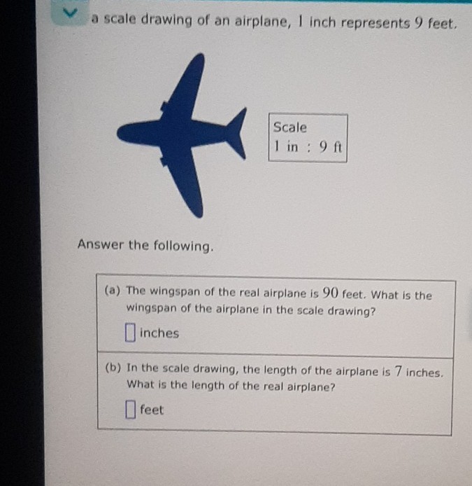 a scale drawing of an airplane, I inch represents 9 feet.

Answer the following.
(a) The wingspan of the real airplane is 90 feet. What is the wingspan of the airplane in the scale drawing?
□ inches
(b) In the scale drawing, the length of the airplane is 7 inches. What is the length of the real airplane?
□ feet