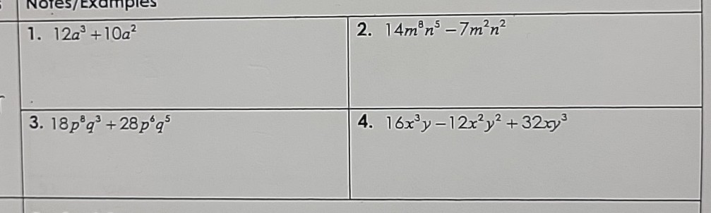 1. 12 a^3+10 a^2
2. 14 m^8 n^5-7 m^2 n^2
3. 18 p^8 q^3+28 p^6 q^5
4. 16 x^3 y-12 x^2 y^2+32 x y^3
