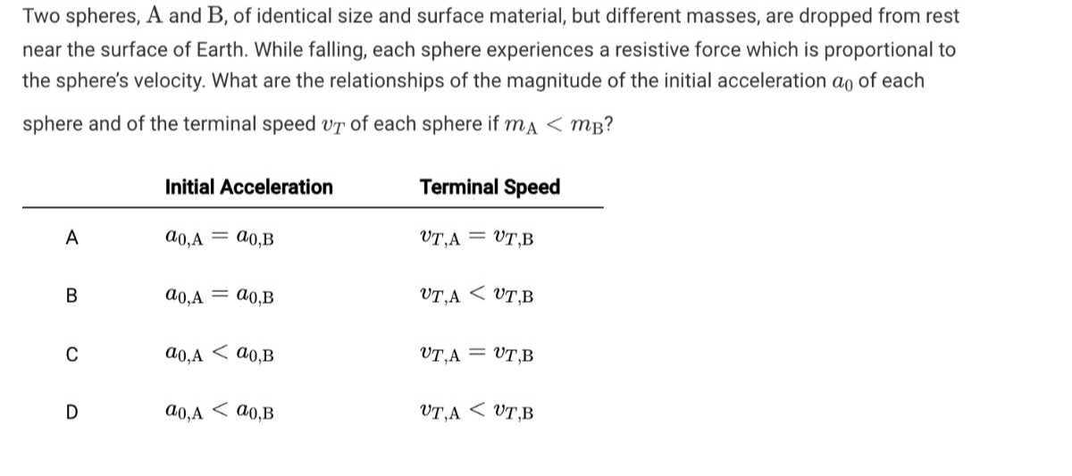 Two spheres, A and B, of identical size and surface material, but different masses, are dropped from rest near the surface of Earth. While falling, each sphere experiences a resistive force which is proportional to the sphere's velocity. What are the relationships of the magnitude of the initial acceleration a0 of each sphere and of the terminal speed vT of each sphere if mA<mB ?
 
    Initial Acceleration     Terminal Speed 

A     a0,  A=a0,  B     vT,  A=vT,  B 

B     a0,  A=a0,  B     vT,  A<vT,  B 

C     a0,  A<a0,  B     vT,  A=vT,  B 

D     a0,  A<a0,  B     vT,  A<vT,  B
