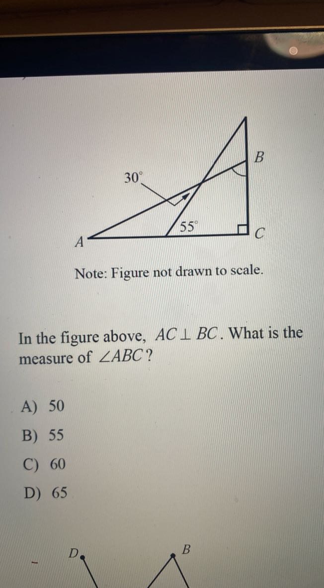 Note: Figure not drawn to scale. In the figure above, A C ⊥ B C. What ...