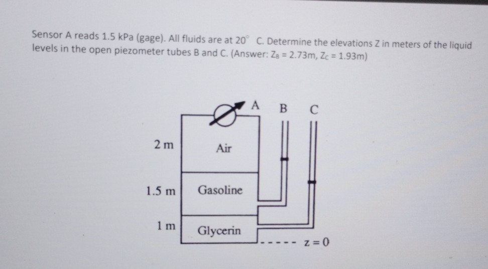 Sensor A reads 1.5 kPa (gage). All fluids are at 20^∘C. Determine the elevations Z in meters of the liquid levels in the open piezometer tubes B and C. (Answer: Z8=2.73  m, ZC=1.93  m )