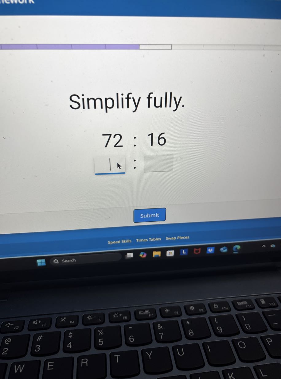 Simplify fully.
72: 16
□ : □
Submit