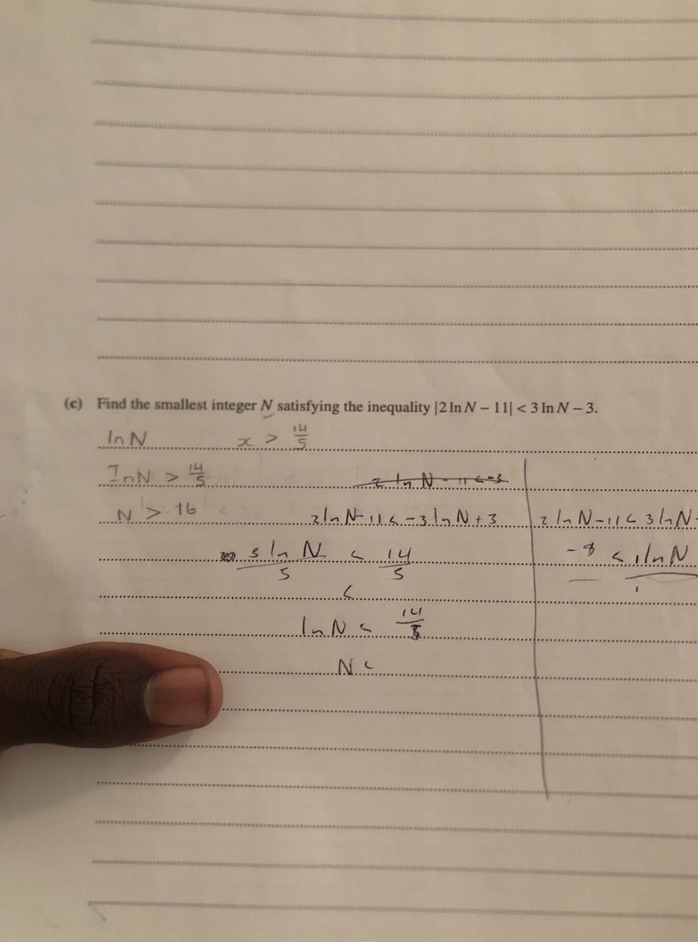 (c) Find the smallest integer N satisfying the inequality |2 ln N-11|<3 ln N-3.


