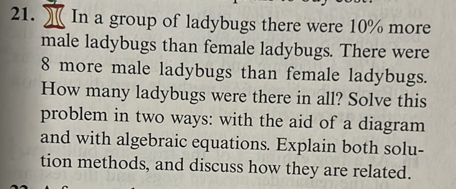 21. ∫ In a group of ladybugs there were 10 % more male ladybugs than female ladybugs. There were 8 more male ladybugs than female ladybugs. How many ladybugs were there in all? Solve this problem in two ways: with the aid of a diagram and with algebraic equations. Explain both solution methods, and discuss how they are related.