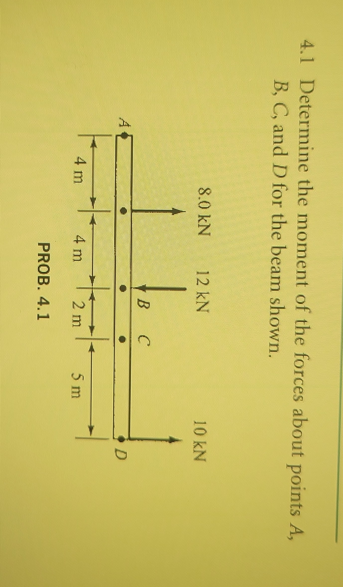 4.1 Determine the moment of the forces about points A, B, C, and D for the beam shown.

PROB. 4.1