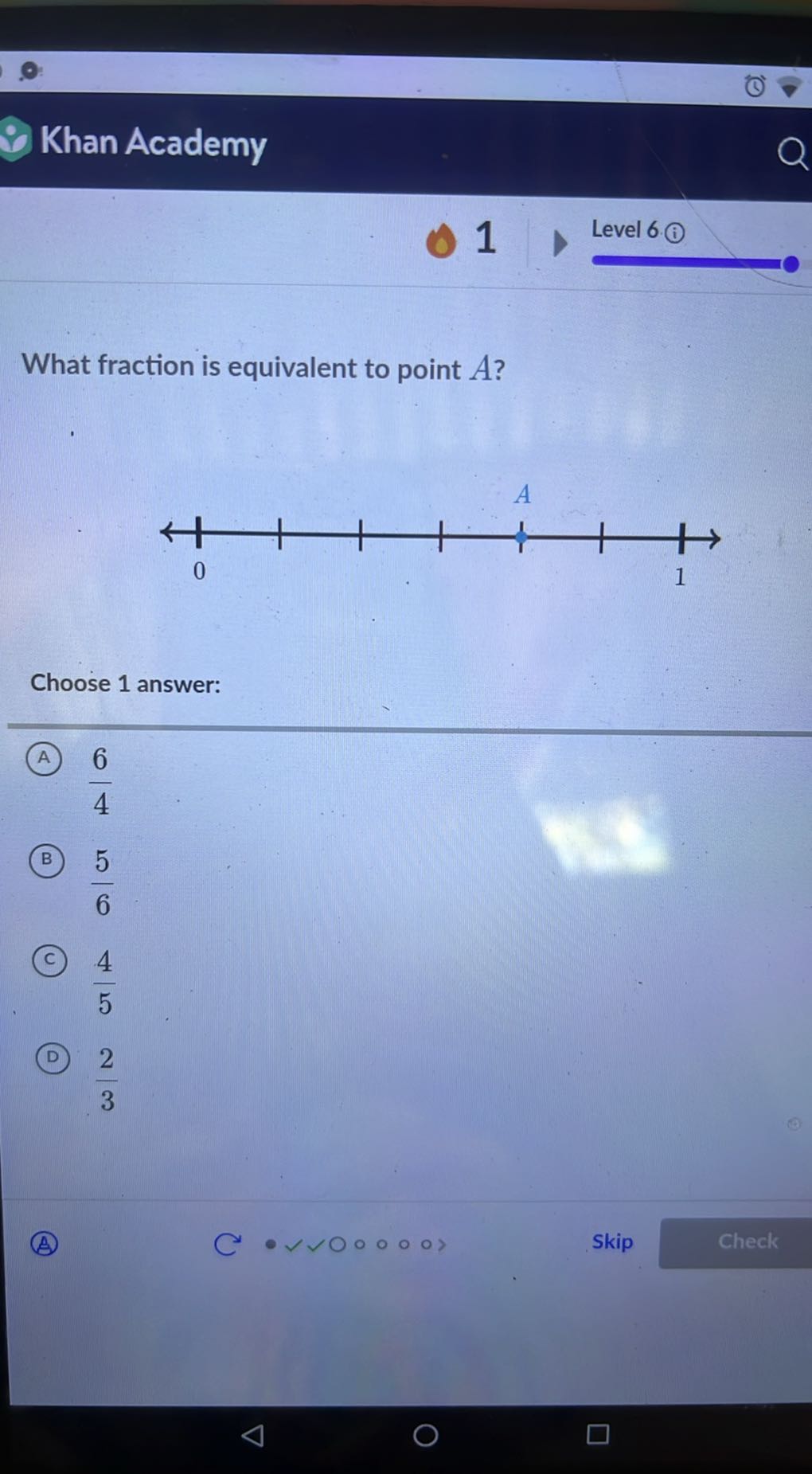Khan Academy
Level 6

What fraction is equivalent to point A ?

Choose 1 answer:
(A) (6)/(4)
(B) (5)/(6)
(C) (4)/(5)
(D) (2)/(3)
(A)
Skip
Check