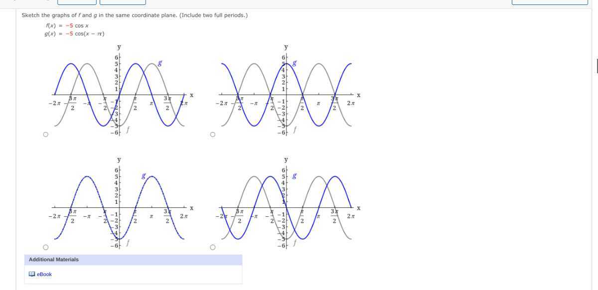 Sketch the graphs of f and g in the same coordinate plane. (Include two full periods.)

    f(x)=-5 cos x 
        
        g(x)=-5 cos (x-π)


Additional Materials
eBook