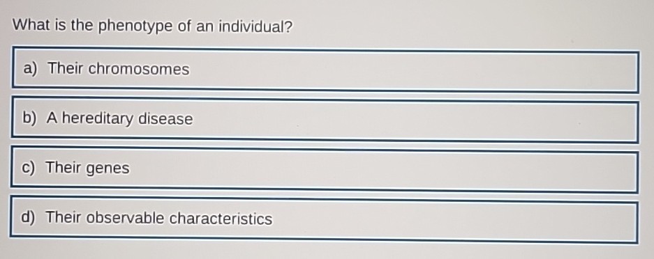 What is the phenotype of an individual?
a) Their chromosomes
b) A hereditary disease
c) Their genes
d) Their observable characteristics