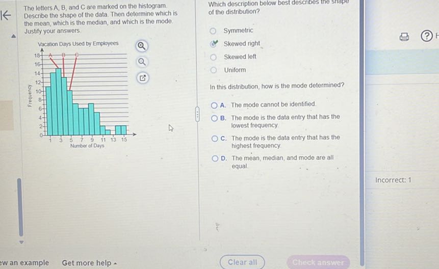 the letters a b and c are marked on the histogram describe the shape of ...