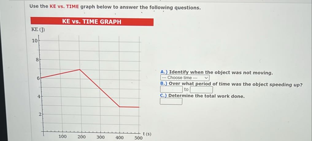 [GET ANSWER] Use the KE vs. TIME graph below to answer the following ...