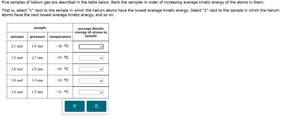 Five samples of helium gas are described in the table below. Rank the samples in order of increasing average kinetic energy of the atoms in them.
That is, select " 1 " next to the sample in which the helium atoms have the lowest average kinetic energy. Select " 2 " next to the sample in which the helium atoms have the next lowest average kinetic energy, and so on.

3|c| sample       
average kinetic 

energy of atoms in 

sample
 

amount     pressure     temperature     

2.1 mol     1.8 atm     -38 .^∘C     □ 

1.5 mol     2.7 atm     -55 .^∘C     □ 

2.8 mol     2.4 atm     -45 .^∘C     □ 

1.8 mol     1.0 atm     -30 .^∘C     □ 

1.6 mol     1.5 atm     -31 .^∘C     □ 

