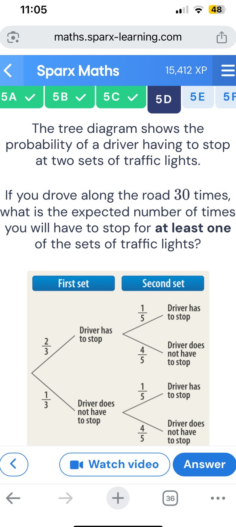 11:05
48
maths.sparx-learning.com

The tree diagram shows the probability of a driver having to stop at two sets of traffic lights.

If you drove along the road 30 times, what is the expected number of times you will have to stop for at least one of the sets of traffic lights?

Watch video
Answer