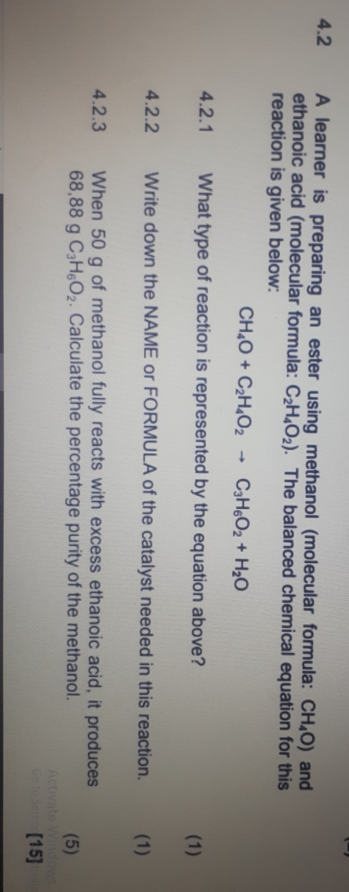 4.2 A learner is preparing an ester using methanol (molecular formula ...