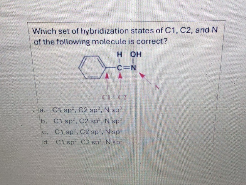 Which set of hybridization states of C1, C2, and N of the following molecule is correct?

C1. C2
a. C 1 sp^2, C 2 s p^3,  N s p^3
b. C 1 s p^2, C 2 s p^2, N s p^3
c. C 1 sp^2, C 2 sp^2, Nsp^2
d. C 1 sp^2, C 2 sp^2, Nsp^2