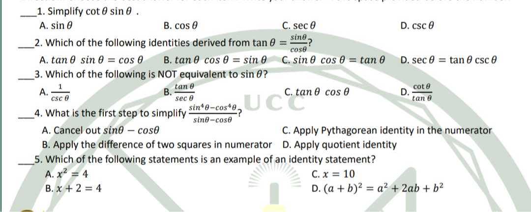 qquad 1 simplify cot theta sin theta a sin theta b cos theta c sec ...