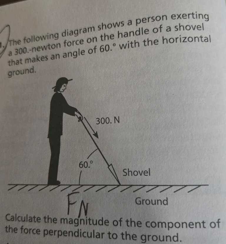The following diagram shows a person exerting a 300 -newton force on the handle of a shovel that makes an angle of 60 .^∘ with the horizontal ground.

Calculate the magnitude of the component of the force perpendicular to the ground.