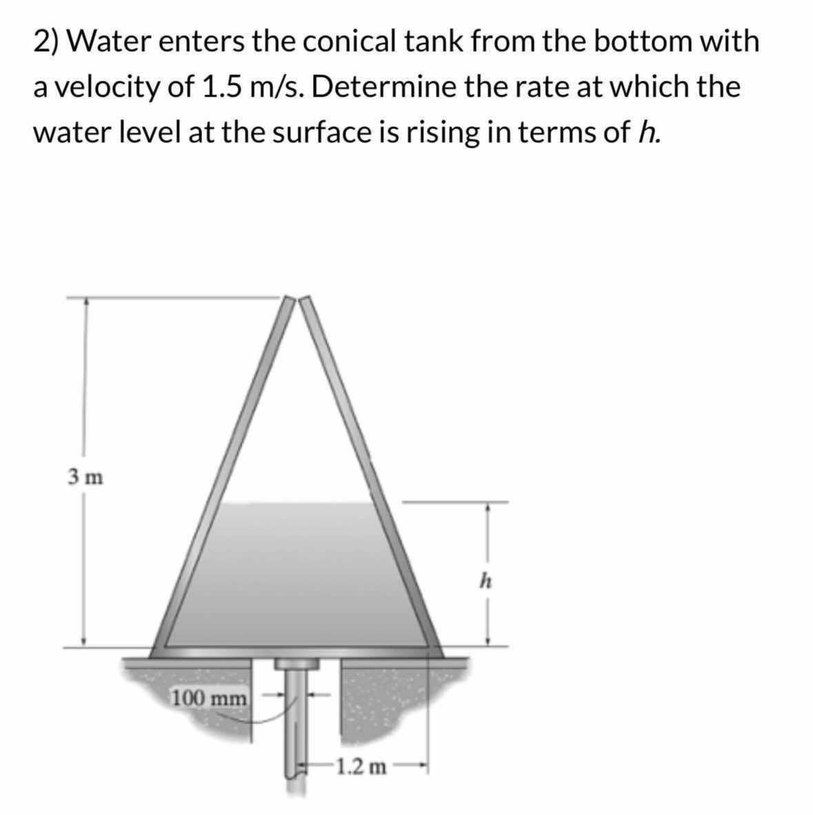 2) Water enters the conical tank from the bottom with a velocity of 1.5  m / s. Determine the rate at which the water level at the surface is rising in terms of h.