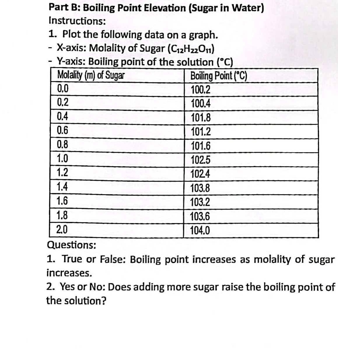 Part B: Boiling Point Elevation (Sugar in Water) Instructions:
1. Plot the following data on a graph.
- X-axis: Molality of Sugar (C12H22O11)
- Y-axis: Boiling point of the solution ( ^∘C )

Molality (m) of Sugar     Boiling Point (^∘C) 

0.0     100.2 

0.2     100.4 

0.4     101.8 

0.6     101.2 

0.8     101.6 

1.0     102.5 

1.2     1024 

1.4     103.8 

1.6     103.2 

1.8     103.6 

2.0     104.0 



Questions:
1. True or False: Boiling point increases as molality of sugar increases.
2. Yes or No: Does adding more sugar raise the boiling point of the solution?