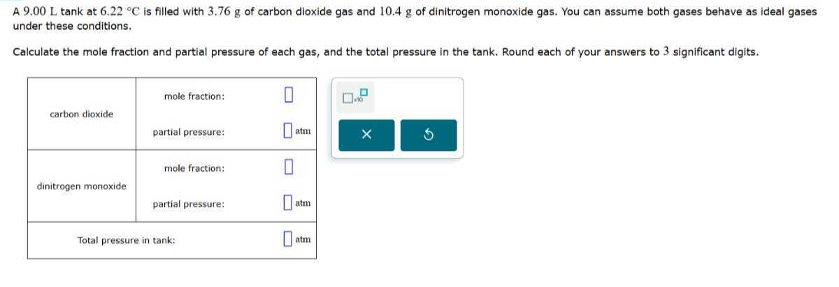 A 9.00 L tank at 6.22^∘C is filled with 3.76 g of carbon dioxide gas and 10.4 g of dinitrogen monoxide gas. You can assume both gases behave as ideal gases under these conditions.

Calculate the mole fraction and partial pressure of each gas, and the total pressure in the tank. Round each of your answers to 3 significant digits.

carbon dioxide     mole fraction:     □ 

partial pressure:     □atm 

dinitrogen monoxide     mole fraction:     □ 

partial pressure:     □atm 

2|c| Total pressure in tank:      □atm 

