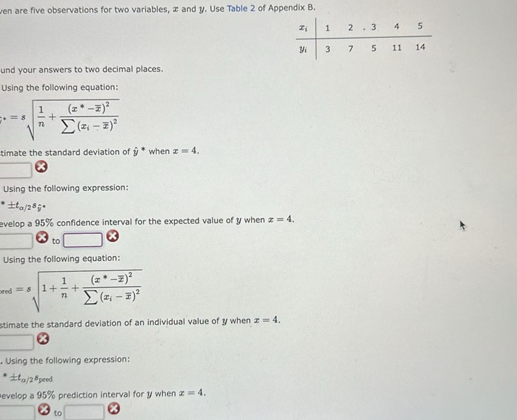 ven are five observations for two variables, x and y. Use Table 2 of ...
