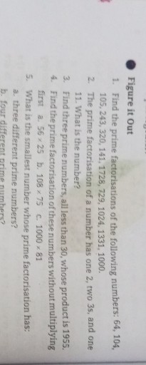 Figure it Out
1. Find the prime factorisations of the following numbers: 64,104 , 105,243,320,141,1728,729,1024,1331,1000.
2. The prime factorisation of a number has one 2 , two 3 s , and one 11. What is the number?
3. Find three prime numbers, all less than 30 , whose product is 1955 .
4. Find the prime factorisation of these numbers without multiplying first
a. 56 × 25
b. 108 × 75
c. 1000 × 81
5. What is the smallest number whose prime factorisation has:
a. three different prime numbers?
b. four different prime numbers?