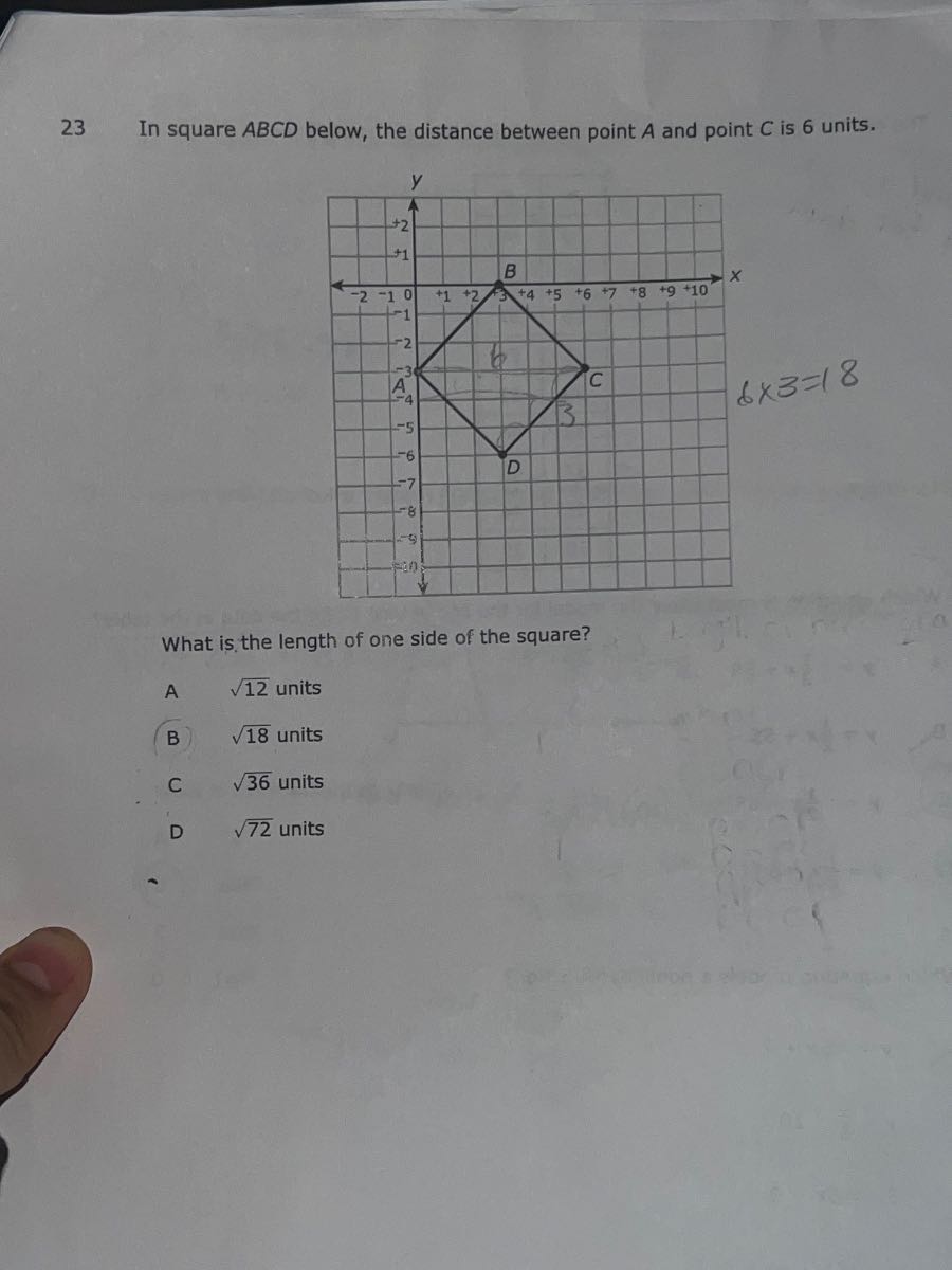 23 In square A B C D below, the distance between point A and point C is ...