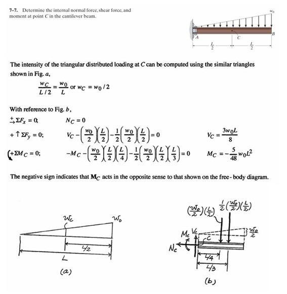 7-7. Determine the internal normal force, shear force, and moment at point C in the cantilever beam.

The intensity of the triangular distributed loading at C can be computed using the similar triangles shown in Fig. a,

    (wC)/(L / 2)=(w0)/(L) or  wC=w0 / 2


With reference to Fig. b,

    +→Σ Fx=0     NC=0 
        
        +↑Σ Fy=0 ;     VC-((w0)/(2))((L)/(2))-(1)/(2)((w0)/(2))((L)/(2))=0     VC=(3 w0 L)/(8)
        
        +Σ MC=0 ;     -MC-((w0)/(2))((L)/(2))((L)/(4))-(1)/(2)((w0)/(2))((L)/(2))((L)/(3))=0     MC=-(5)/(48) w0 L^2


The negative sign indicates that 𝐌C acts in the opposite sense to that shown on the free-body diagram.
(a)
(b)