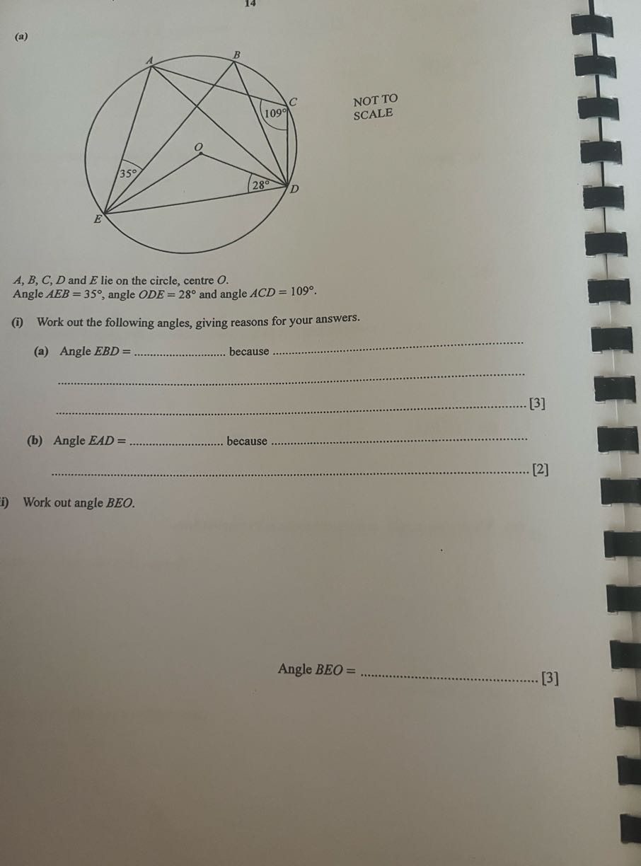 (a) NOT TO SCALE A, B, C, D and E lie on the circle, centre O. Angle A ...