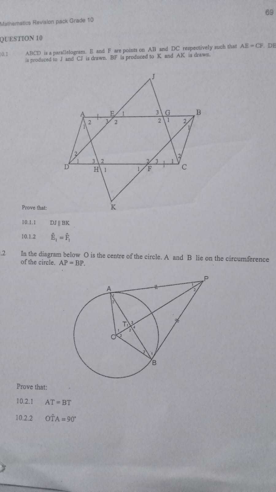 69 On Math Test 69 Mathematics Revislon pack Grade 10 QUESTION 10 A B C D is a ...