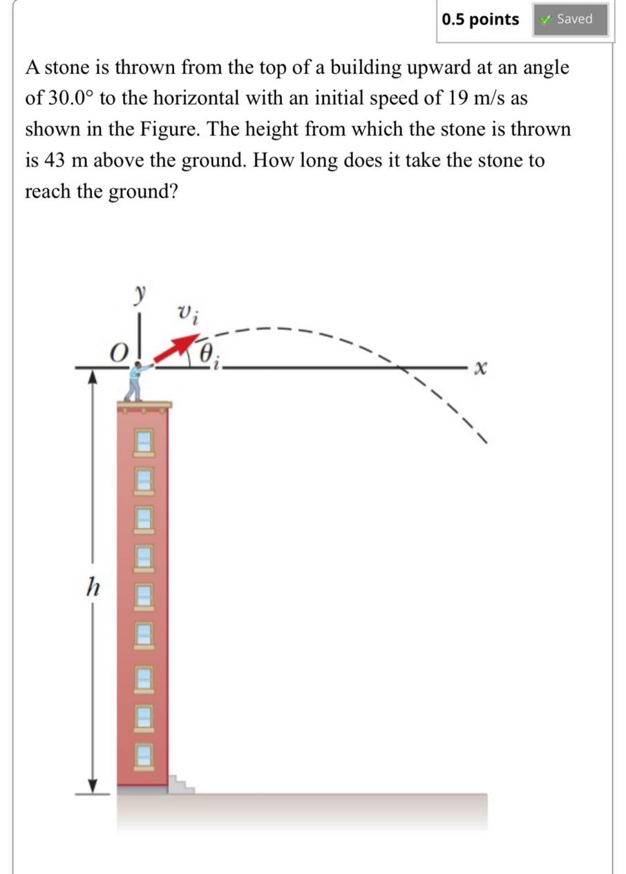 0.5 points Saved A stone is thrown from the top of a building upward at ...