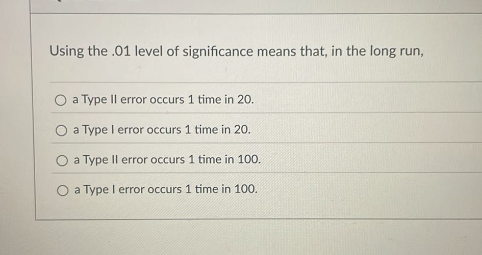 Using the .01 level of significance means that, in the long run, a Type ...