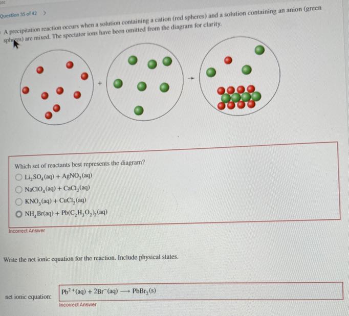 A precipiation reaction occurs when a solution containing a cation (red spheres) and a solution containing an anion (green
Question 35 of 42 sphres) are mixed. The spectator ions have been omitted from the diagram for clarity,

Which set of reactants best represents the diagram?
Li2SO4(aq)+AgNO3(aq)
NaClO4(aq)+CaCl2(aq)
KNO3(aq)+CuCl2(aq)
NH4Br(aq)+Pb(C2H3O2)2(aq)
Incorrect Answer

Write the net ionic equation for the reaction. Include physical states.
net ionic equation:

    Pb^2+(aq)+2 Br^-(aq) ⟶PbBr2( s) 
         Incorrect Answer
