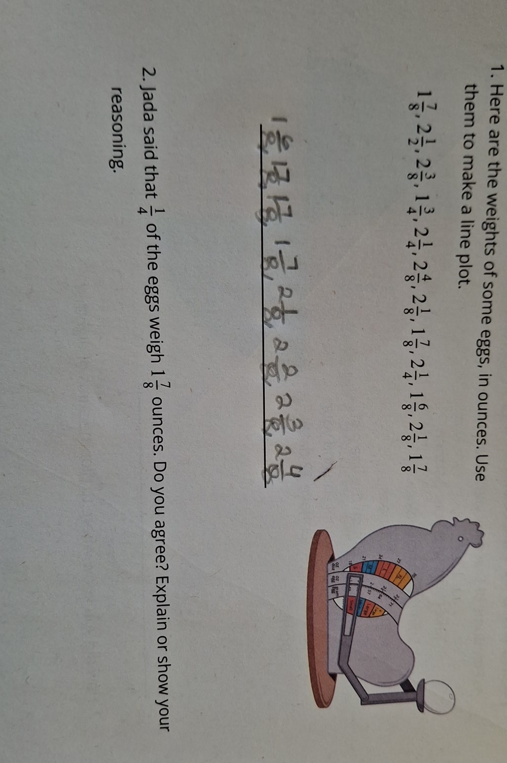 1. Here are the weights of some eggs, in ounces. Use them to make a line plot.

    1 (7)/(8), 2 (1)/(2), 2 (3)/(8), 1 (3)/(4), 2 (1)/(4), 2 (4)/(8), 2 (1)/(8), 1 (7)/(8), 2 (1)/(4), 1 (6)/(8), 2 (1)/(8), 1 (7)/(8)


    1 (6)/(8), 1 (7)/(8), 1 (7)/(8), 1 (7)/(8), 2 (1)/(8), 2 (2)/(8), 2 (3)/(8), 2 (4)/(8)

2. Jada said that (1)/(4) of the eggs weigh 1 (7)/(8) ounces. Do you agree? Explain or show your reasoning.