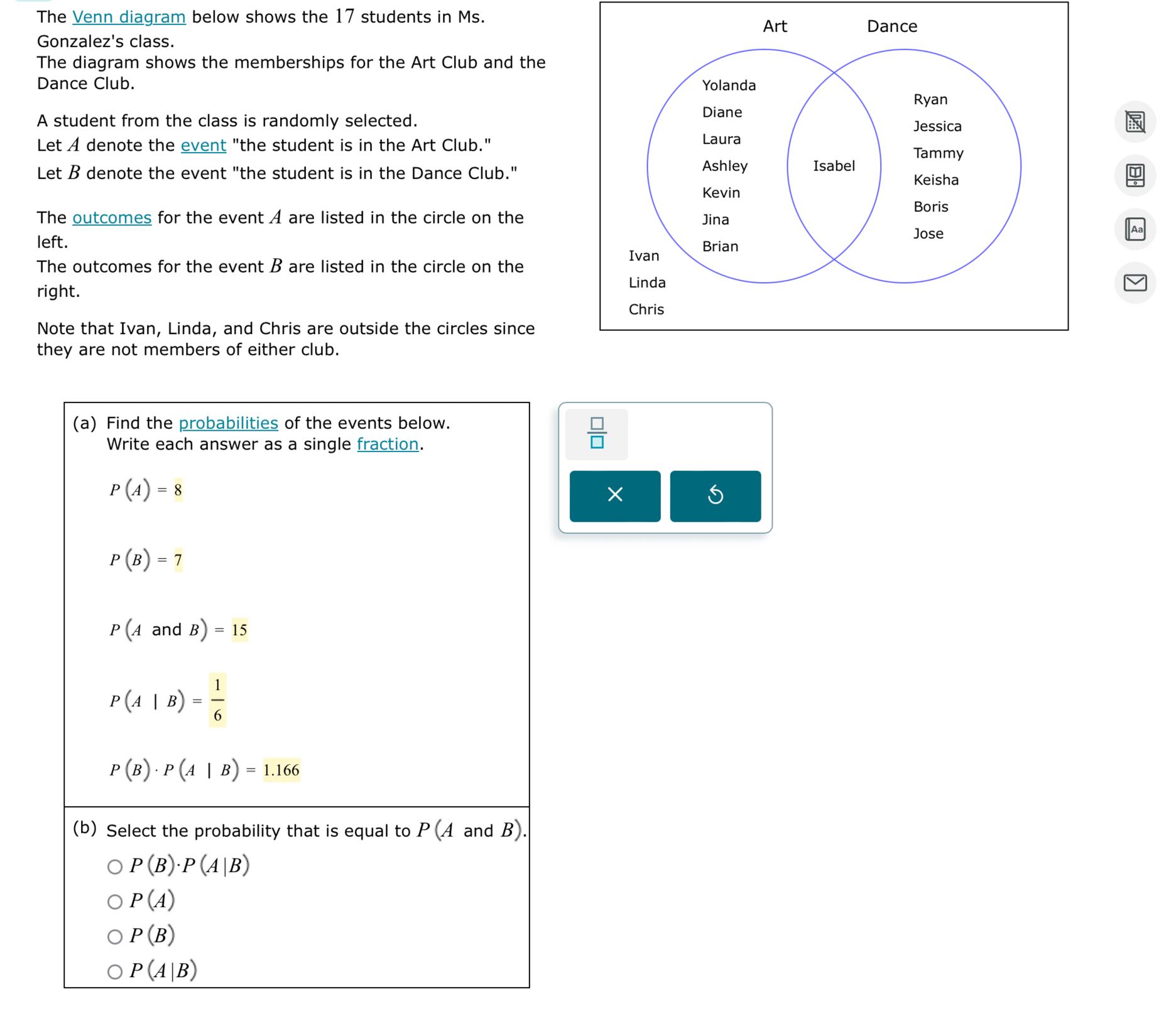 The Venn diagram below shows the 17 students in Ms. Gonzalez's class ...