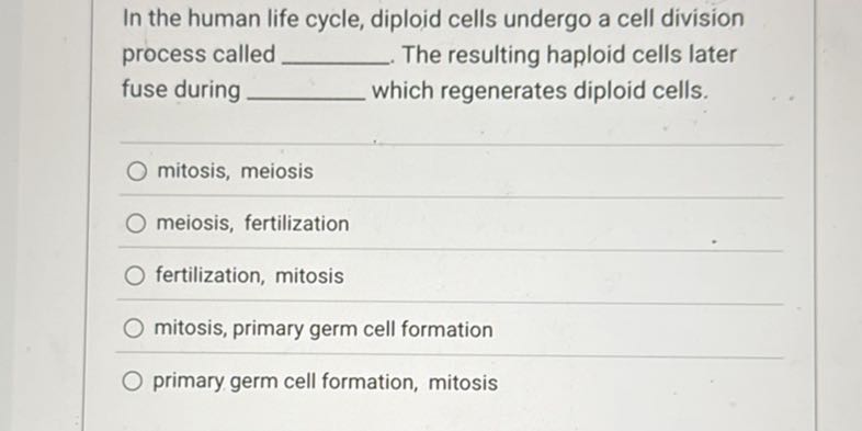 Hapliod Process In the human life cycle, diploid cells undergo a cell division process ...
