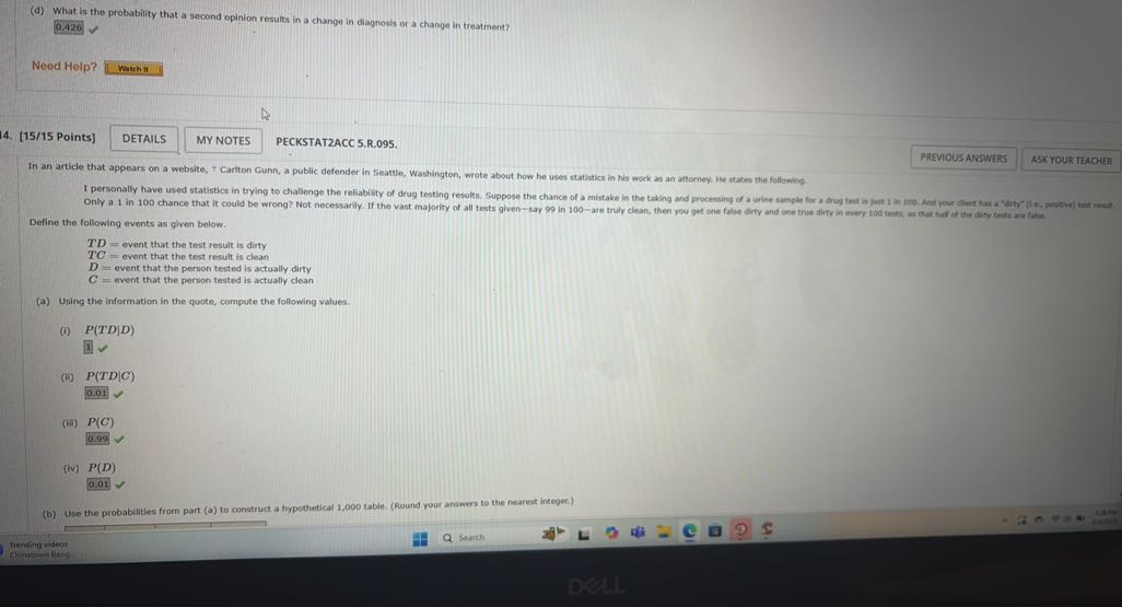 (d) What is the probability that a second opinion results in a change in diagnosis or a change in treatment?
0.426
Need Help?
WatchtI
14. [15/15 Points]
DETAILS
MY NOTES
PECKSTAT2ACC 5.R. 095.
PREVIOUS ANSWERS
ASX YOUR TEACHER

In an article that appears on a website, I Cartton Gunn, a public defender in Seattle, Washington, wrote about how he uses statistics in his work as an attorney. He itates the fullowing.

Define the following events as given below.

    T D= event that the test result is dirty 
        
        T C= event that the test result is clean 
        
        D= event that the person tested is actually dirty 
        
        C= event that the person tested is actually clean

(a) Using the information in the quote, compute the following values.
(i) P(T D | D)
□
(i) P(T D | C)
0.01
(ii) P(C)
0.99
(iv) P(D)
□
(b) Use the probabilities from part (a) to construct a hypothetical 1,000 table. (Round your answers to the nearest integec.)