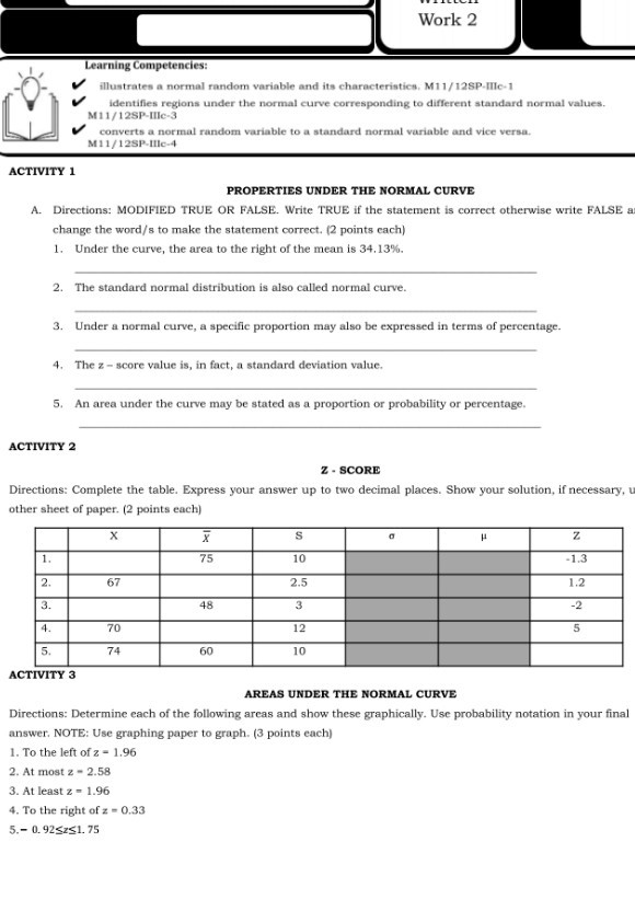 Work 2 Learning Competencies: illustrates a normal random variable and ...