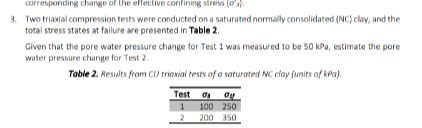 corresponsing change of the ellective confining stress (θ^') )
3. Two triaxial compression tests were conducted on a saturated normally consolidated (NC) clay, and the total stress states at fallure are presented in Table 2.
Given that the pore water pressure change for Test 1 was measured to be 50 kPa, estimate the pore water pressure change for Test 2.
Table 2. Residts from CU triaxial tests of a soturated NC cioy (units of kPa).

Test     σ yy     σy 

1     100     250 

2     200     350 

