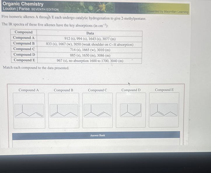 Organic Chemistry
Loudon | Parise - seventh Edition
presented by Macrnillan Learning

Five isomeric alkenes A through E each undergo catalytic hydrogenation to give 2 -methylpentane.
The IR spectra of these five alkenes have the key absorptions (in cm^-1 ):


Compound     Data 

Compound A     912( s), 994( s), 1643( s), 3077( m) 

Compound B     833( s), 1667(w), 3050( weak shoulder on C-H absorption ) 

Compound C     714( s), 1665(w), 3010( m) 

Compound D     885( s), 1650( m), 3086( m) 

Compound E     967( s), no absorption 1600 to 1700,3040( m) 



Match each compound to the data presented.