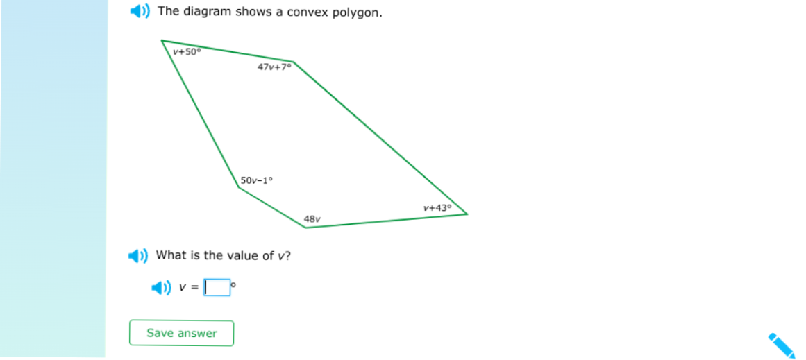 The diagram shows a convex polygon. What is the value of v ? v= ^∘ Save ...