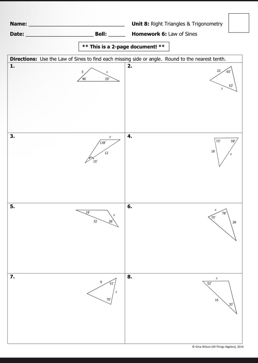 Name: Unit 8: Right Triangles & Trigonometry Date: Bell: Homework 6 ...