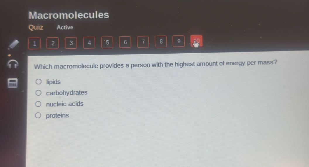 Macromolecules Quiz Active 1 2 3 4 · 5 6 7 8 9 10 Which macromolecule ...