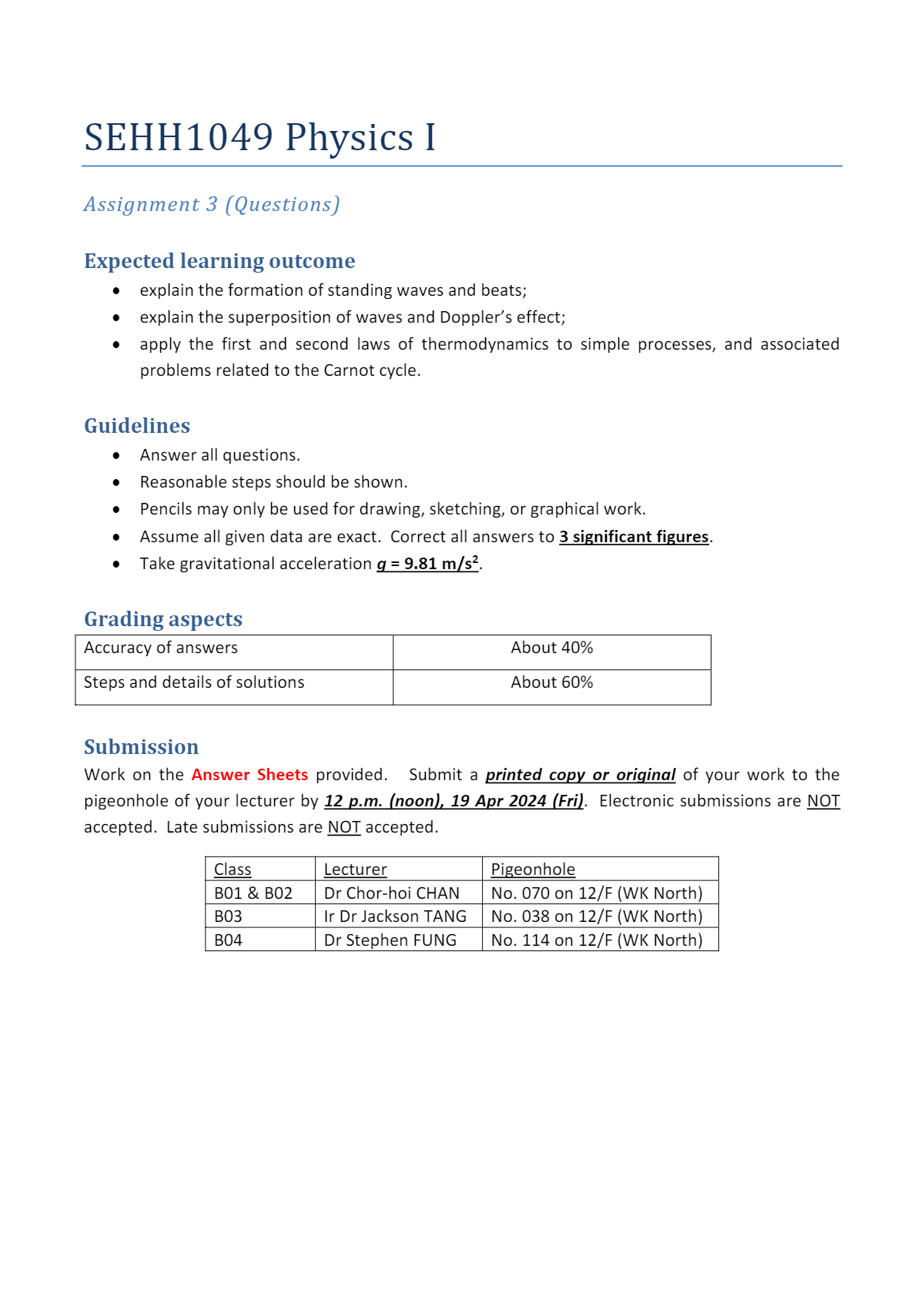 SOLVED: SEHH1049 Physics I Assignment 3 (Questions) Expected learning ...
