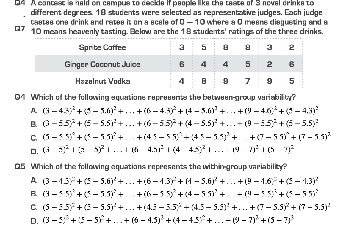 Q4 A contest is held on campus to decide if people like the taste of 3 novel drinks to different degrees. 18 students were selected as representative judges. Each judge

Q7 tastes one drink and rates it on a scale of 0-10 where a 0 means disgusting and a 10 means heavenly tasting. Below are the 18 students' ratings of the three drinks.

Sprite Coffee     3     5     8     9     3     2 

Ginger Coconut Juice     6     4     4     5     2     6 

Hazelnut Vodka     4     8     9     7     9     5 



Q4 Which of the following equations represents the between-group variability?
A. (3-4.3)^2+(5-5.6)^2+…+(6-4.3)^2+(4-5.6)^2+…+(9-4.6)^2+(5-4.3)^2
B. (3-5.5)^2+(5-5.5)^2+…+(6-5.5)^2+(4-5.5)^2+…+(9-5.5)^2+(5-5.5)^2
C. (5-5.5)^2+(5-5.5)^2+…+(4.5-5.5)^2+(4.5-5.5)^2+…+(7-5.5)^2+(7-5.5)^2
D. (3-5)^2+(5-5)^2+…+(6-4.5)^2+(4-4.5)^2+…+(9-7)^2+(5-7)^2

Q5 Which of the following equations represents the within-group variability?
A. (3-4.3)^2+(5-5.6)^2+…+(6-4.3)^2+(4-5.6)^2+…+(9-4.6)^2+(5-4.3)^2
B. (3-5.5)^2+(5-5.5)^2+…+(6-5.5)^2+(4-5.5)^2+…+(9-5.5)^2+(5-5.5)^2
C. (5-5.5)^2+(5-5.5)^2+…+(4.5-5.5)^2+(4.5-5.5)^2+…+(7-5.5)^2+(7-5.5)^2
D. (3-5)^2+(5-5)^2+…+(6-4.5)^2+(4-4.5)^2+…+(9-7)^2+(5-7)^2