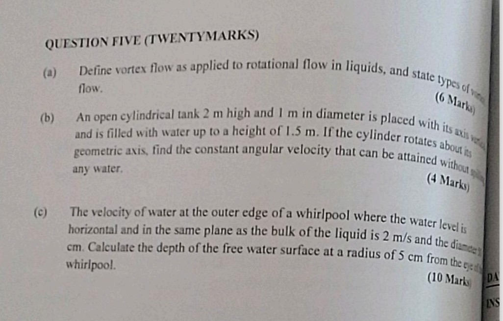 QUESTION FIVE (TWENTYMARKS) (a) Define vortex flow as applied to ...