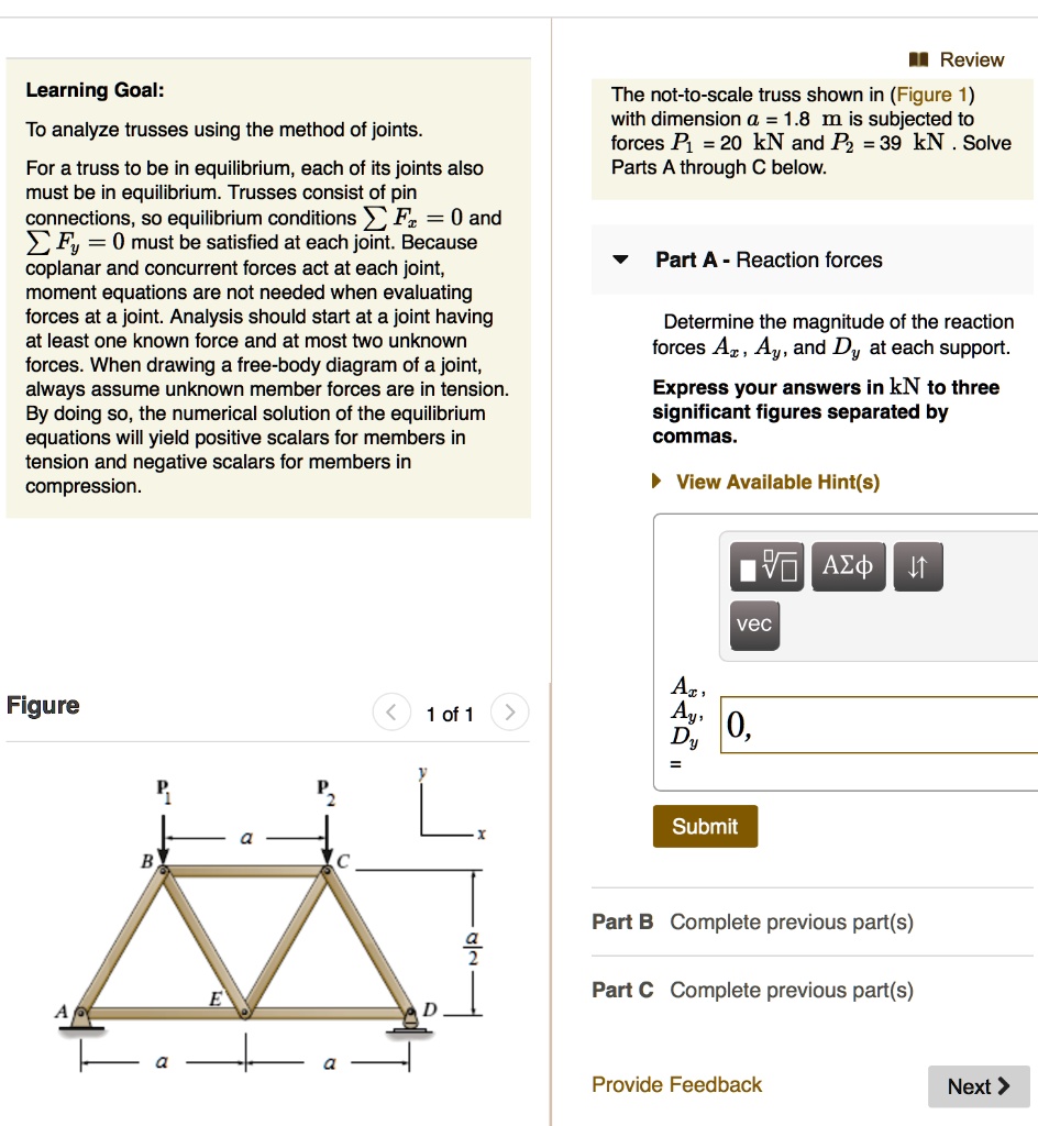 review learning goal the not to scale truss shown in figure 1 with dimension a 18 m is subjected to forces p 20 kn and p239 knsolve parts a through c below to analyze trusses using the metho 06605