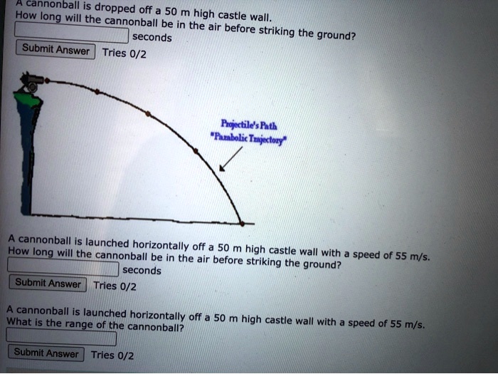 SOLVED A cannonball is dropped off a 50 m high castle wall. How long