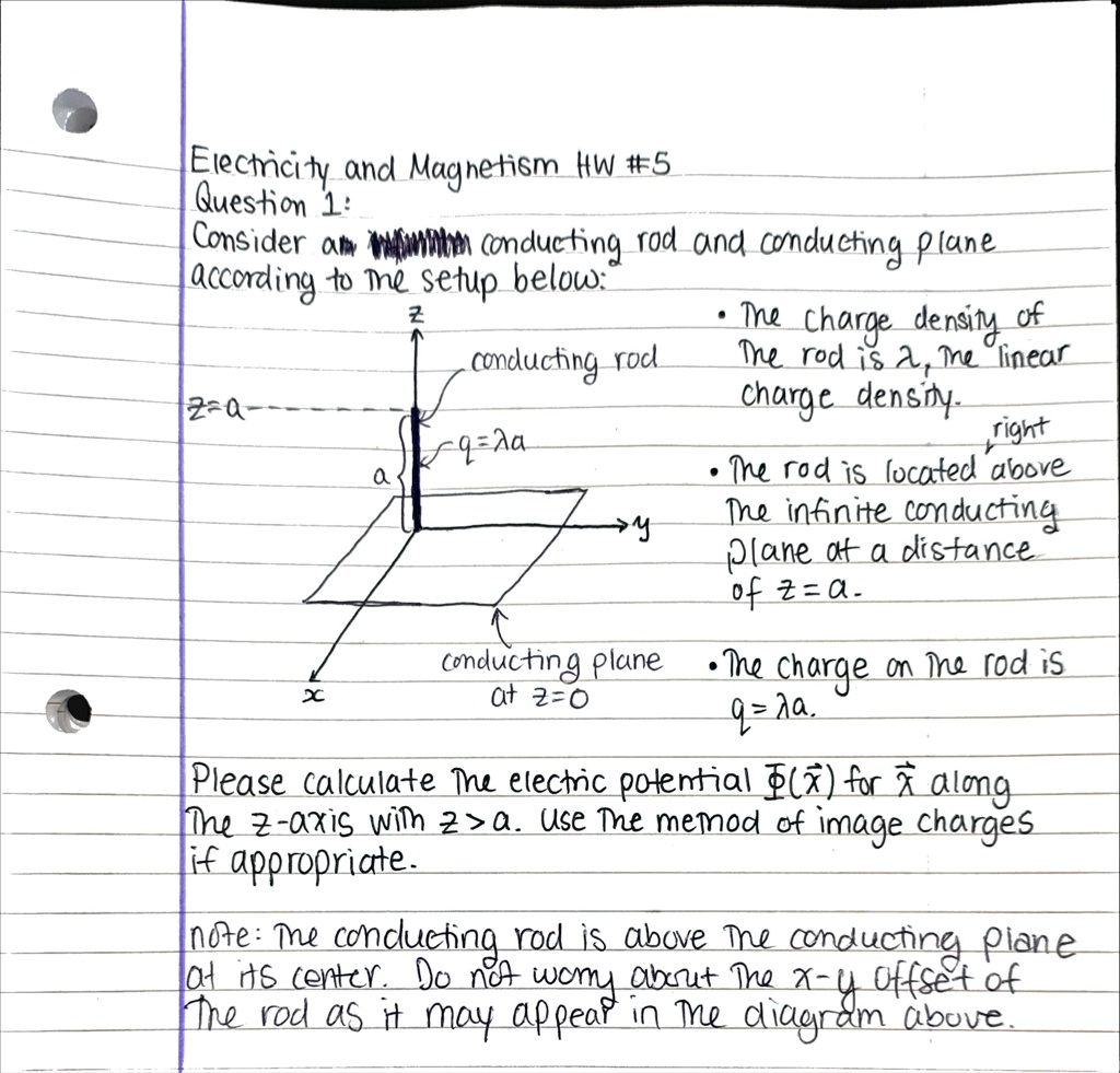 Electricity and Magnetism HW #5
Question 1:
Consider a conducting rod and conducting plane
according to the setup below:
z
conducting rod
z=a
• The charge density of
the rod is λ, the linear
charge density.
q=λa
right
a
?y
• The rod is located above
the infinite conducting
plane at a distance
of z=a.
?
x
conducting plane
 at z=0
• The charge on the rod is
q=λa.
Please calculate the electric potential Φ(x) for x⃗ along
the z-axis with z>a. Use the method of image charges
if appropriate.
note: The conducting rod is above the conducting plane
at its center. Do not worry about the x-y offset of
the rod as it may appear in the diagram above.