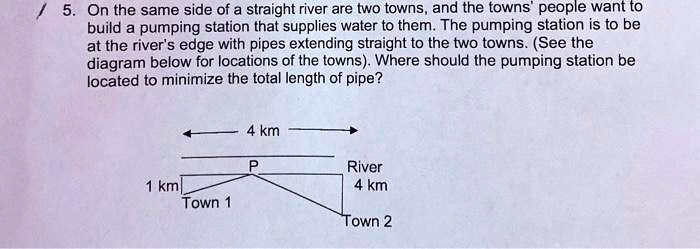 5. On the same side of a straight river are two towns, and the towns' people want to build a pumping station that supplies water to them. The pumping station is to be at the river's edge with pipes extending straight to the two towns. (See the diagram below for locations of the towns). Where should the pumping station be located to minimize the total length of pipe?