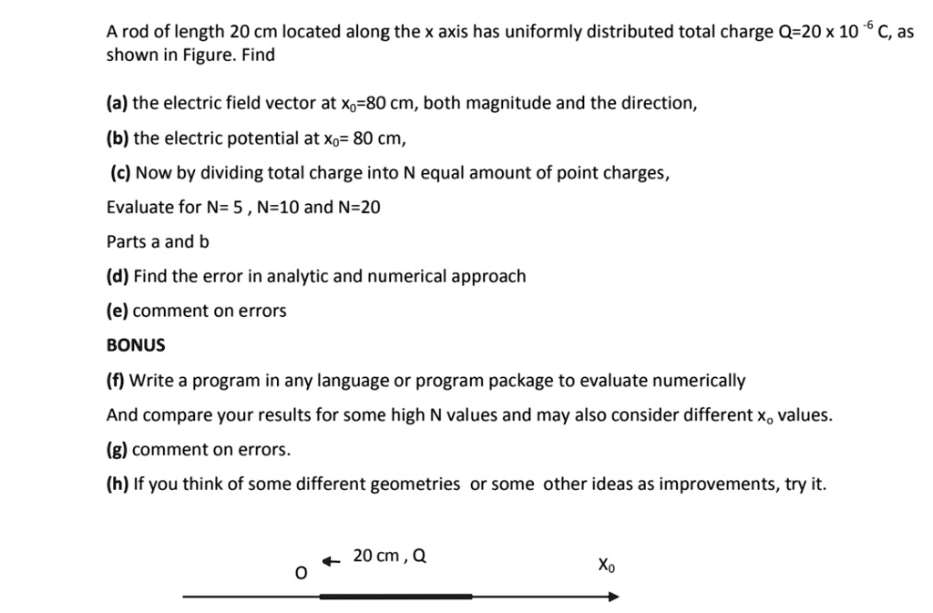 Solved Arod Of Length Cm Located Along The X Axis Has Uniformly Distributed Total Charge Q x 10 C As Shown In Figure Find A The Electric Field Vector At Xo 80 Cm Both Magnitude